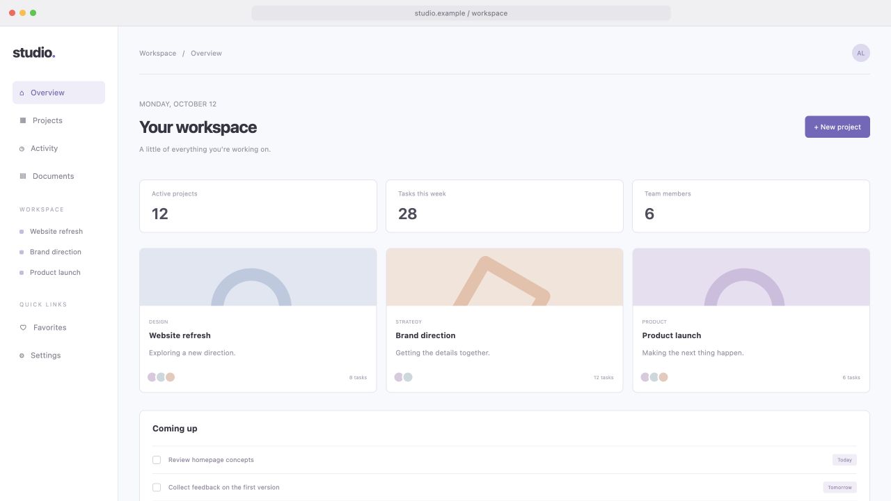 Pasted screenshot of a project workspace with sidebar, project cards, and tasks